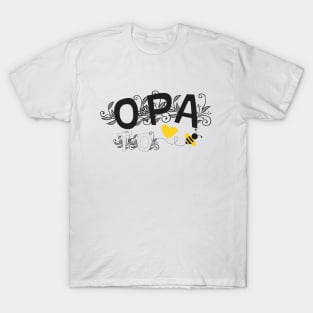 Opa To Be | Modern Cute Black And White Floral Typography With Yellow Bee And Heart | New Baby Announcement T-Shirt